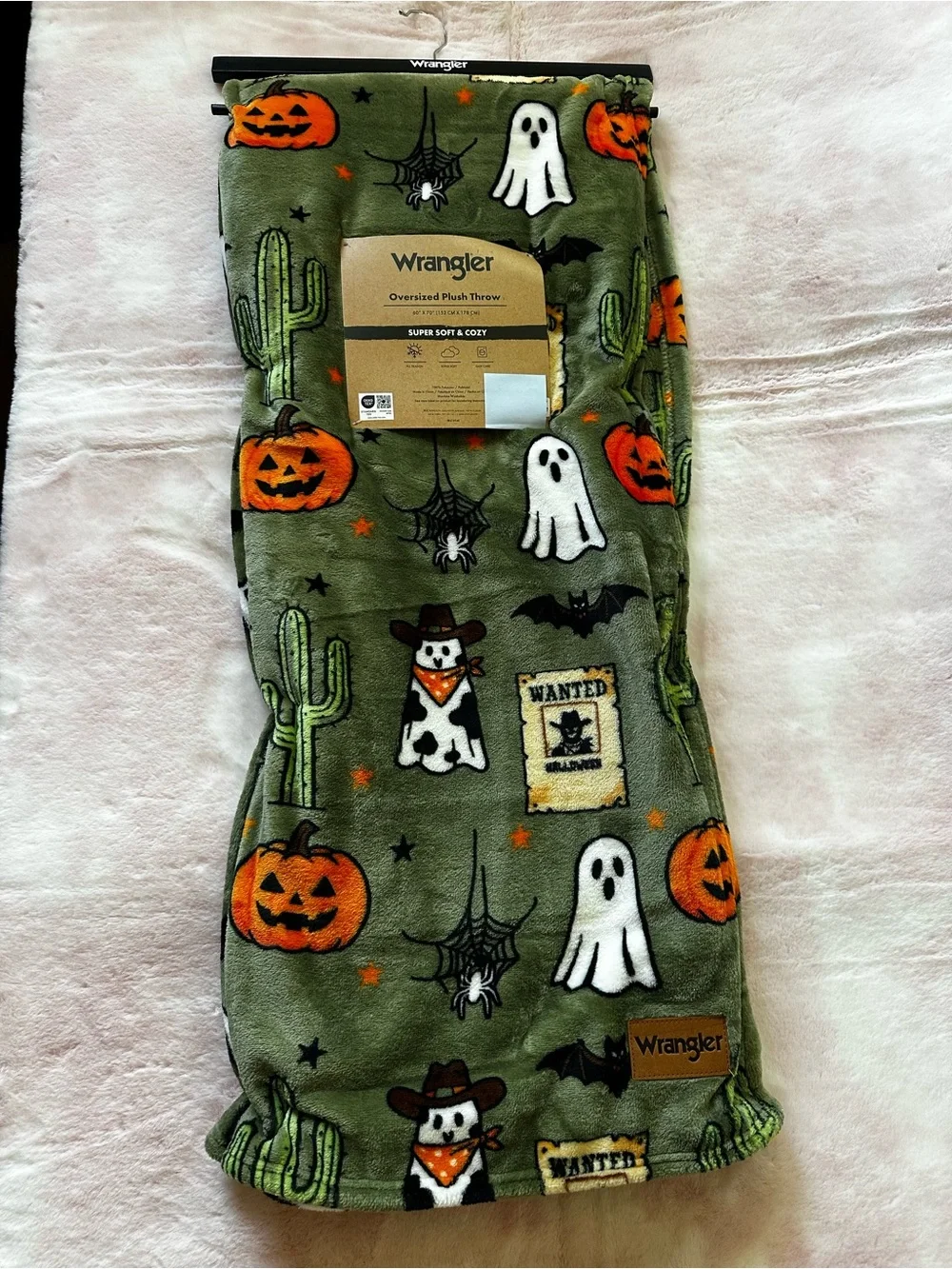 Cowboy Ghosts Pumpkins - Olive Green Halloween Plush Throw Blanket Wrangler NWT